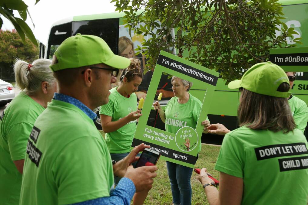 The Gonski bus stops in Newcastle on its way to Canberra. Photo: Max Mason-Hubers