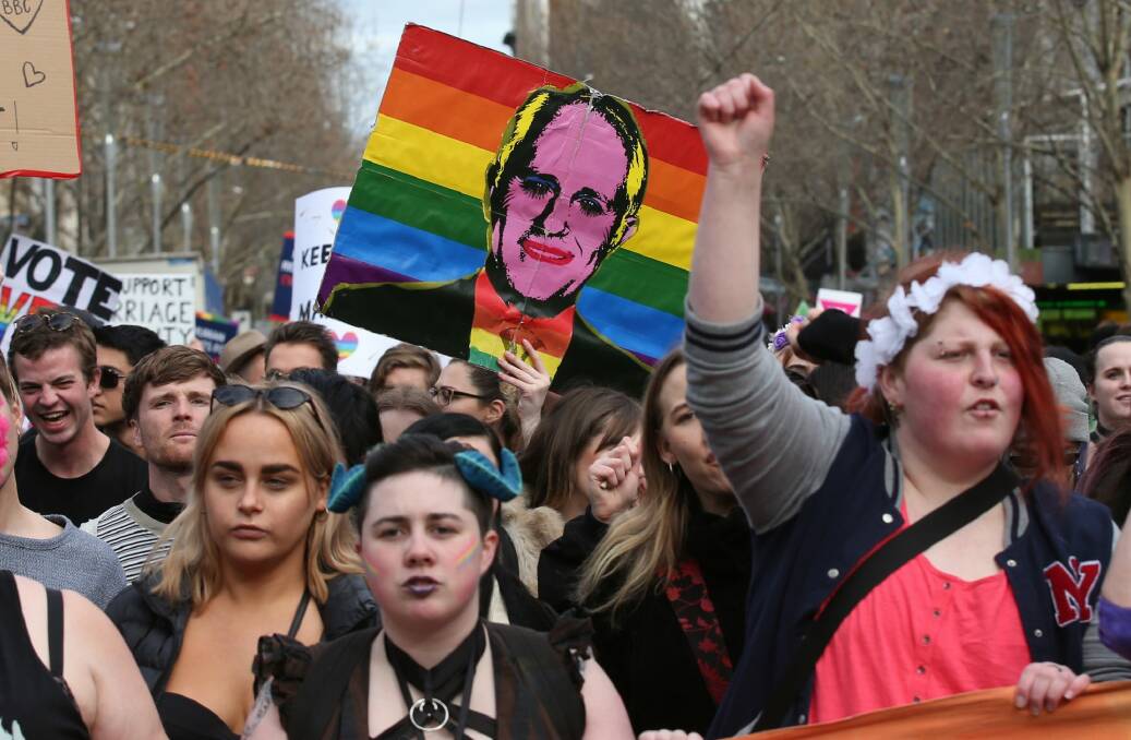 Supporters during a marriage equality rally in Melbourne.  Photo: David Crosling