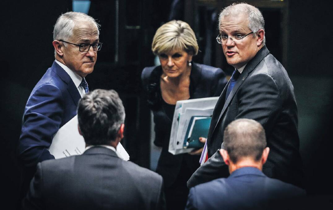 Prime Minister Malcolm Turnbull, Foreign Minister Julie Bishop and Treasurer Scott Morrison.  Photo: Alex Ellinghausen