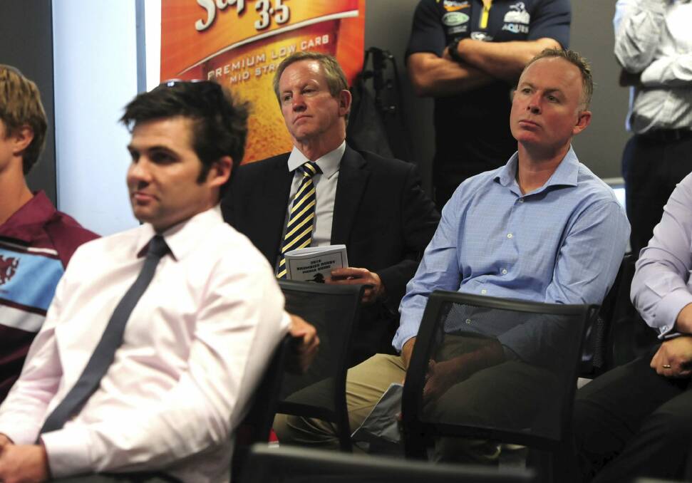 Brumbies president Bob Brown, centre, and board members Matthew Nobbs, right, and Angus McKerchar, left. Photo: Graham Tidy