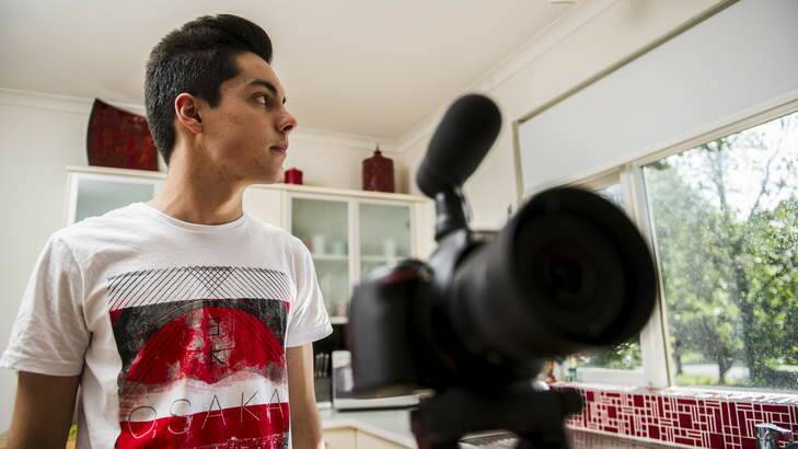 Oliver Levi-Malouf, 15, in his kitchen where he shot parts of his short-film which is a finalist in Tropfest Jr. Photo: Rohan Thomson