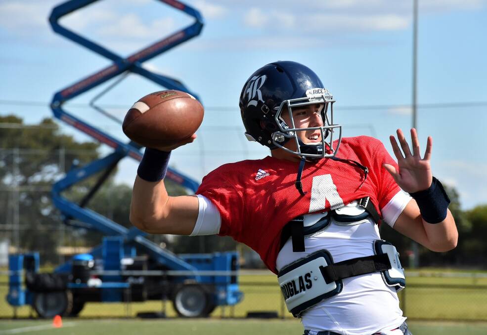 Quarterback Sam Glaesmann from Rice University in Houston during a training session  in Sydney.  Photo: Kate Geraghty