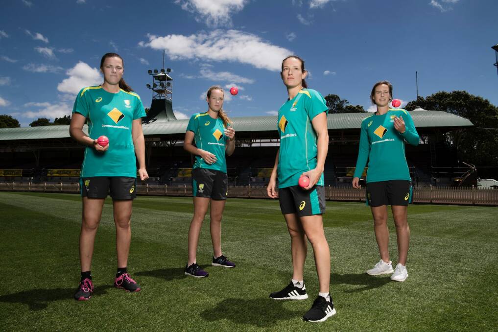 Doing the damage: Australian fast bowlers, Tahlia McGrath, Lauren Cheatle, Megan Schutt and Ellyse Perry are likely to cause England problems under lights at North Sydney Oval. Photo: Louise Kennerley