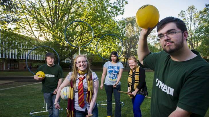ANU Harry Potter Club members, and quidditch players, Alex Jackson,23, Caitlin miller, 19, Steph Jammu, 22, Mel Dodd, 21, and Nic Radoll 19 at the ANU. Photo: Rohan Thomson