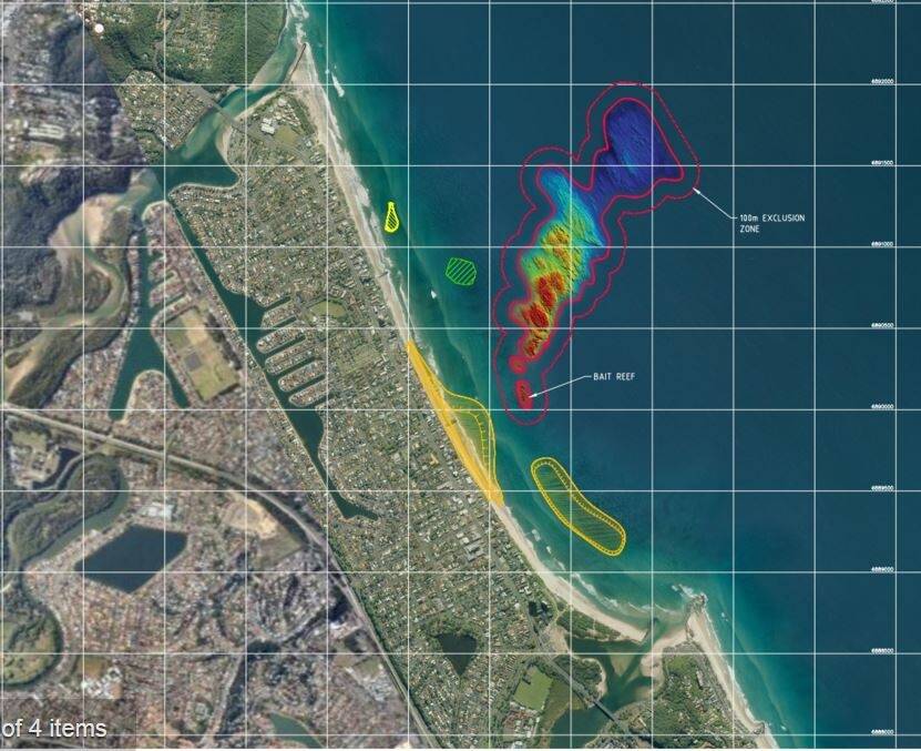 Palm Beach artificial reef, with the new "reef" shown as the light green shape. Sand would be dumped into the area shown in yellow. Photo: Supplied