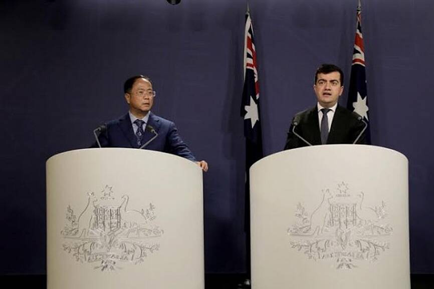 The only verifiable record of the press conference has been a single photo of Dastyari at the podium, flanked by his billionaire benefactor and political donor, Chinese developer Huang Xiangmo. Photo: Supplied