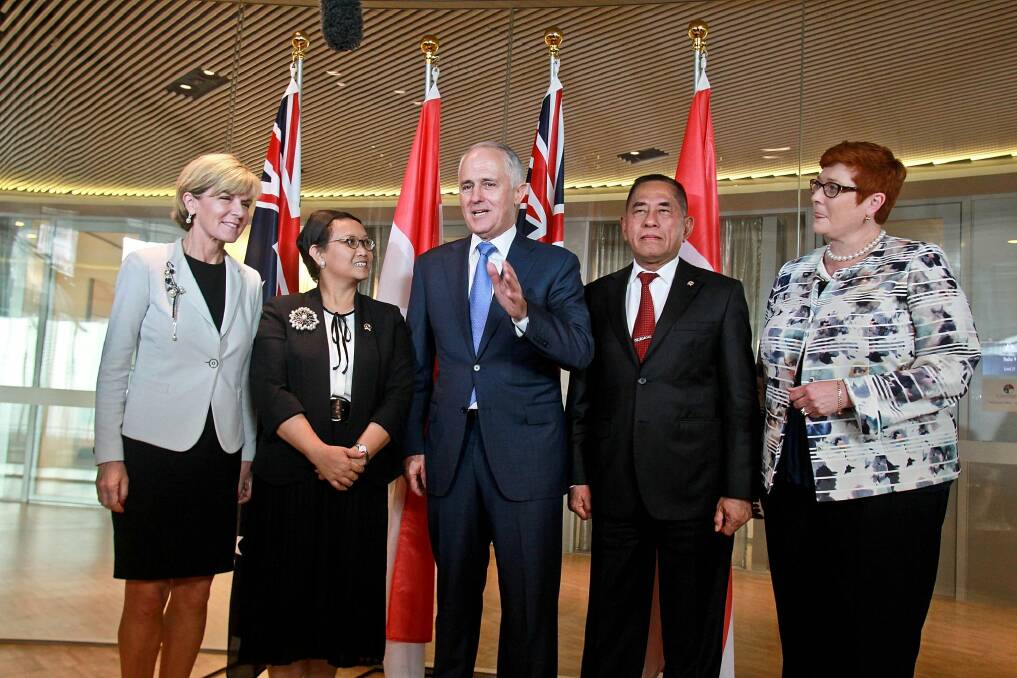 Foreign Minister Julie Bishop, Indonesian Foreign Minister Retno Marsudi, Prime Minister Malcolm Turnbull, Indonesian Defence Minister Ryamizard Ryacudu and Australian Defence Minister Marise Payne in December, 2015. Photo: Ben Rushton