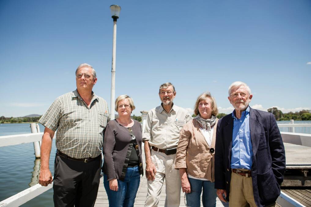 The Lake Burley Griffin Guardians want an independent review of the City to the Lake West Basin development and pubilc consultation before work starts. From left, Mike Lawson, Margo Lawson, David Mackenzie, Juliet Ramsay and Jim Nockels. Photo: Jamila Toderas
