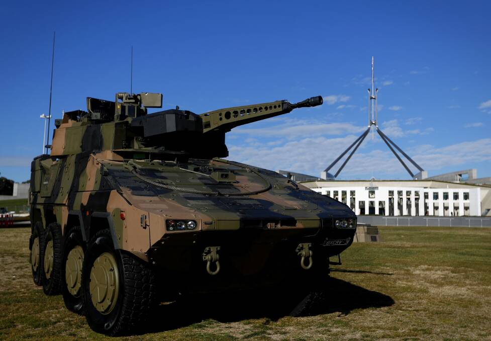 The Rheinmetall Boxer CRV at Parliament House in Canberra. Photo: Alex Ellinghausen