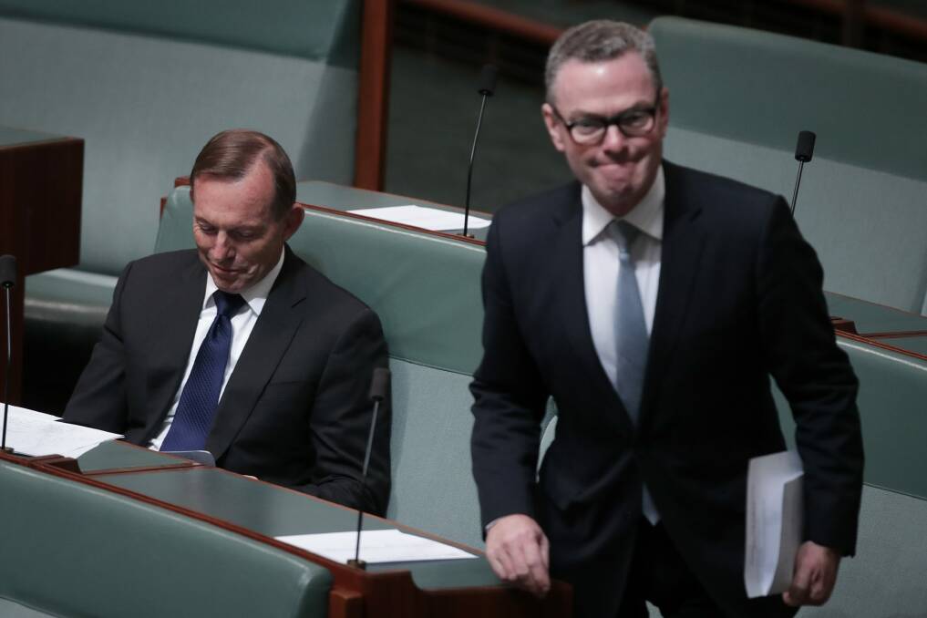 Former prime minister Tony Abbott and Christopher Pyne clashed over Mr Abbott's proposed 'pious amendment'. Photo: Alex Ellinghausen