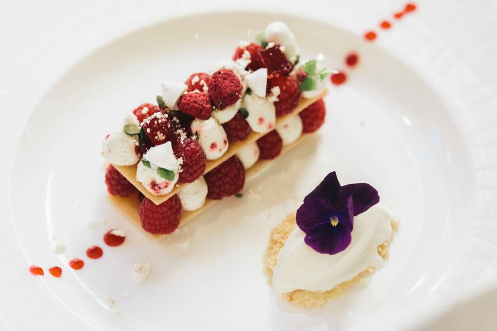 Restaurant review at Courgette on Marcus Clarke st. Fresh Raspberries and short bread mille feuille with malt ice cream Photo: Rohan Thomson