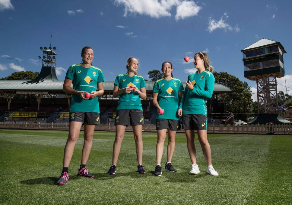Awesome foursome: Australian fast bowlers Tahlia McGrath, Lauren Cheatle, Megan Schutt and Ellyse Perry will make history on Thursday. Photo: Louise Kennerley