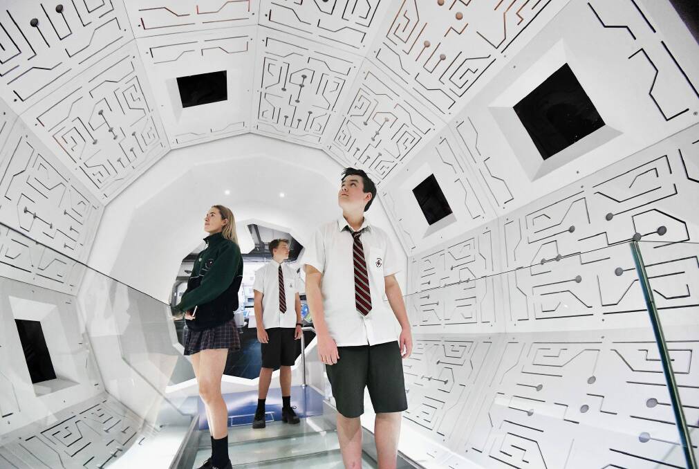 Year 9 students from Ringwood secondary college (left to right) Pyper Ross, Cody Wake and Mark Reynolds at ScienceWorks.  Photo: Joe Armao