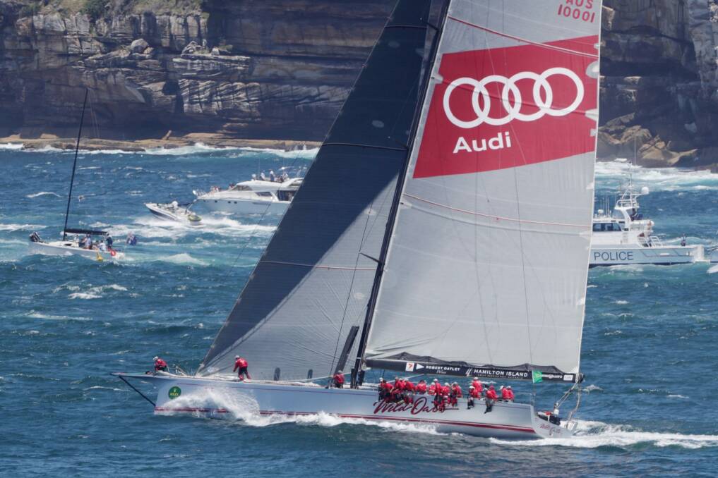 Wild Oats XI heads out of Sydney Heads at the start of the Sydney To Hobart in 2016. Photo: Andrew Meares