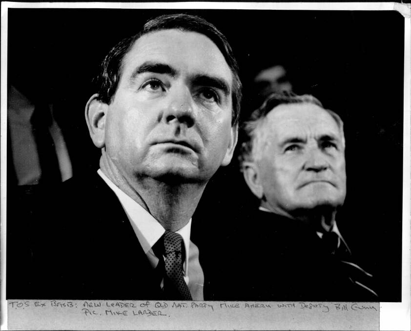 Premier and Queensland National Party leader Mike Ahern with deputy Bill Gunn on December 13, 1987. Photo: Mike Larder