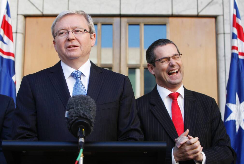 June 2010: then prime minister Kevin Rudd and communications minister Stephen Conroy during an NBN announcement. Photo: Glen McCurtayne