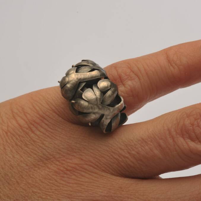 Julie Blyfield, "Leaf" ring, in Ring Master at Bilk Gallery. Photo: Supplied