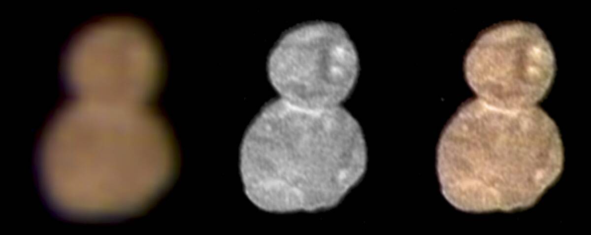 Images with separate color and detail information, and a composited image of both, showing Ultima Thule, about 1 billion miles beyond Pluto. The New Horizons spacecraft encountered it on Tuesday, Jan. 1, 2019.  Photo: NASA