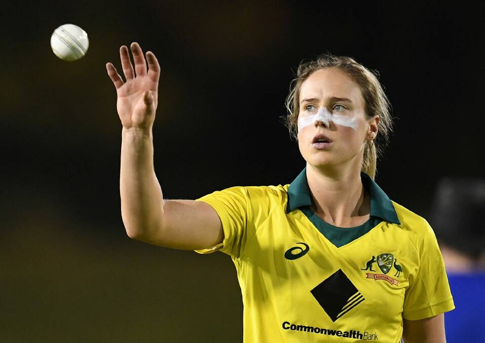 Ellyse Perry of Australia receives the ball during the second One Day International match between Australia and England at Coffs Harbour International Stadium. Photo: AAP