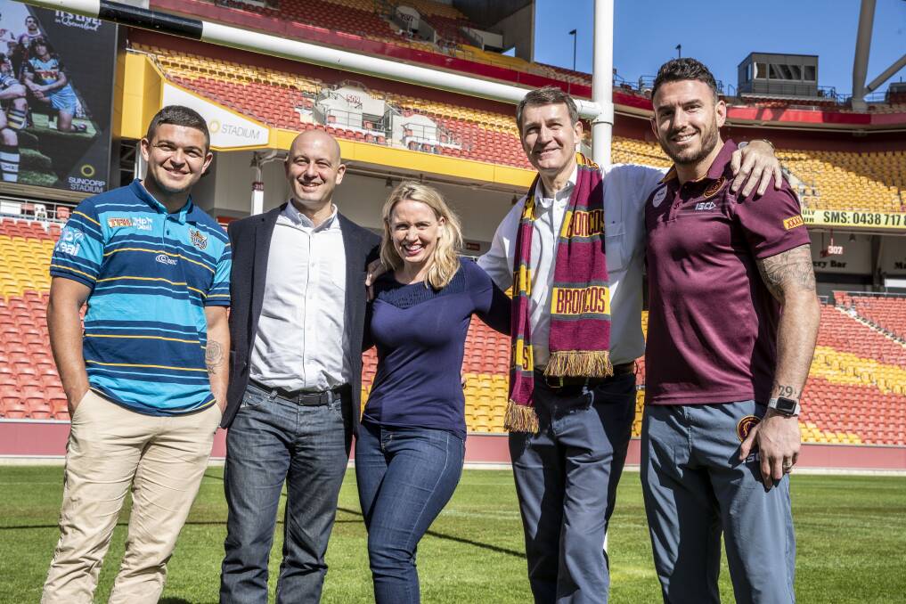 (From left) Titans' player Ash Taylor, NRL CEO Todd Greenberg, Queensland Tourism Minister Kate Jones, Brisbane lord mayor Graham Quirk and Broncos' captain Darius Boyd at the launch of NRL Magic Round at Suncorp Stadium on Sunday. Photo: Glenn Hunt - AAP