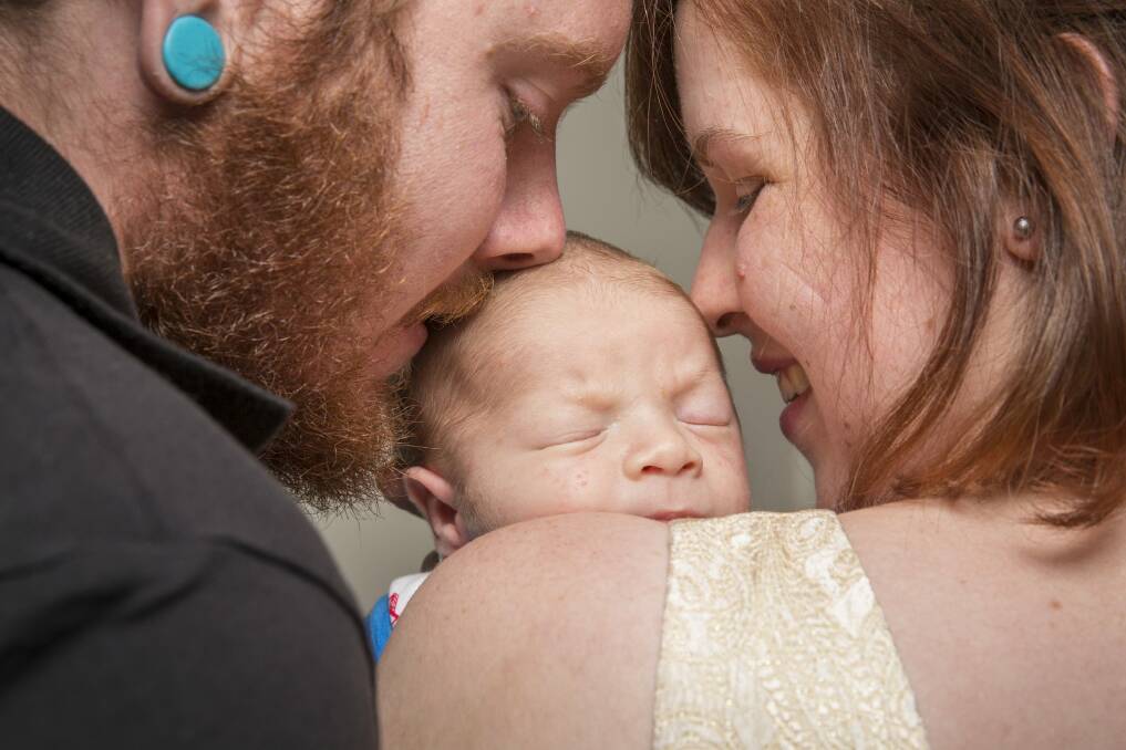 Samantha Jayne and husband Andrew Irons with son Gabriel Irons, 4 weeks, who has a very rare medical condition Potocki-Lupski syndrome. Photo: Matt Bedford