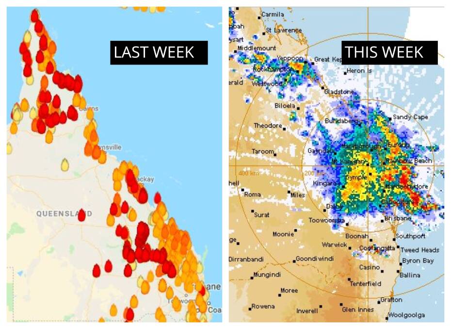 Last week the central coast was covered in bushfires, this week there is lots of rain on the radar. Photo: My Fire Watch and Bureau of Meteorology