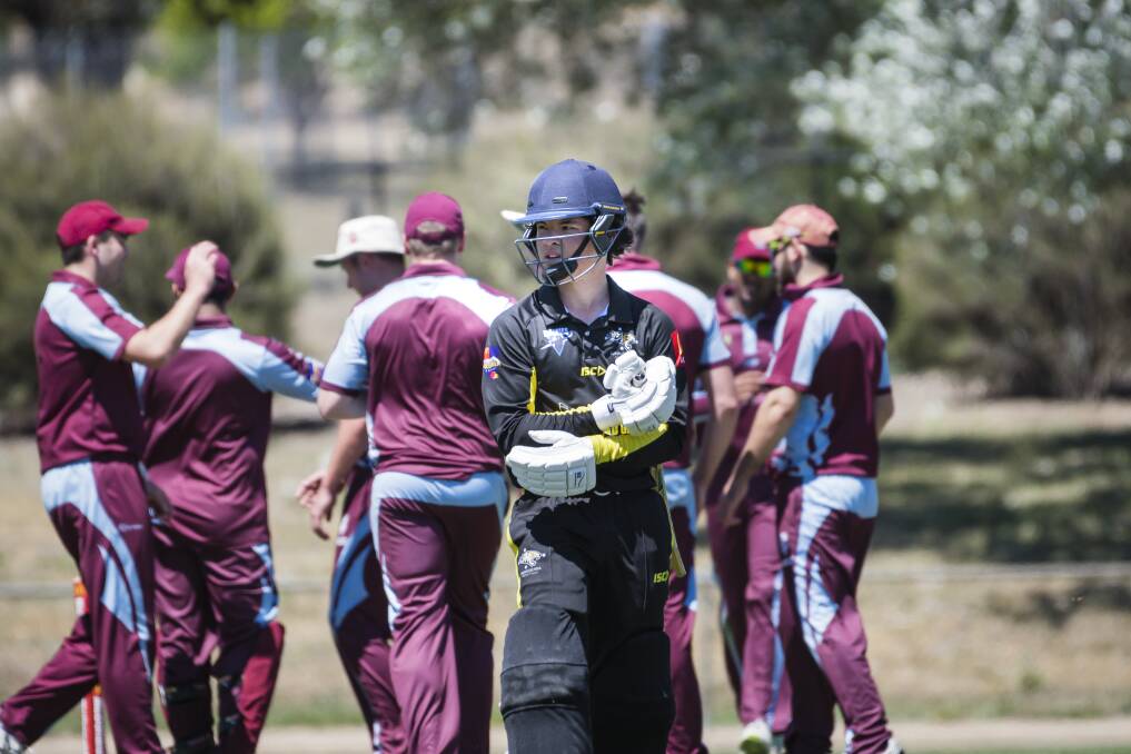 Ginninderra's Matthew Hogan leaves the crease after being bowled out. Photo: Sitthixay Ditthavong