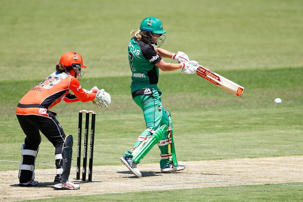 Meg Lanning of the Stars hits a boundary during the Women's Big Bash League match between the Perth Scorchers and the Melbourne Stars at Toorak Park. Photo: Daniel Pockett