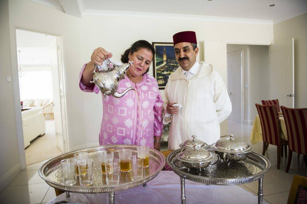 Moroccan ambassador, Mohamed Mael-Ainin, and wife, Samira Affane Aji, prepare tea in the country's official residence in O'Malley. Photo: Rohan Thomson