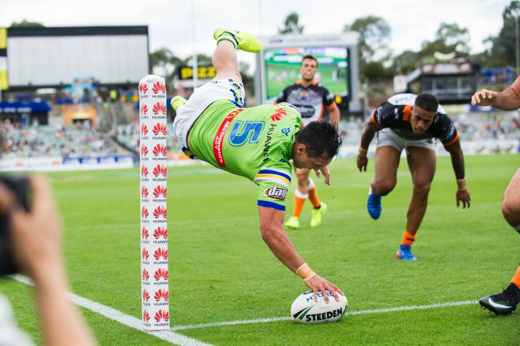 Jordan Rapana dives over to score in the corner for the Raiders. Photo: Rohan Thomson