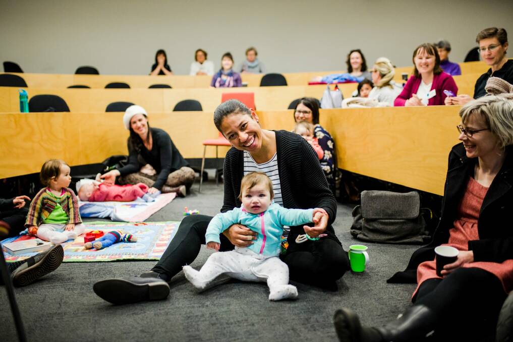 Mums working at the ANU and their bubs in a 2016 seminar about cultural and structural support for breastfeeding.  Associate Professor Katerina Teaiwa of ANU, with her daughter Kiera Teaiwa Mortimer 8-months-old. Photo: Jamila Toderas