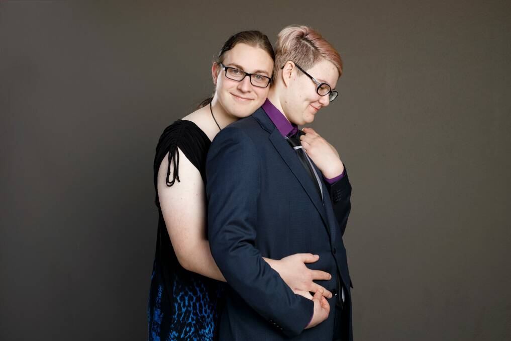 Sam Blakely and her date Dan Howe are attending the LGBTQI+ prom, which is being held in Canberra for the second year.  Photo: Sitthixay Ditthavong