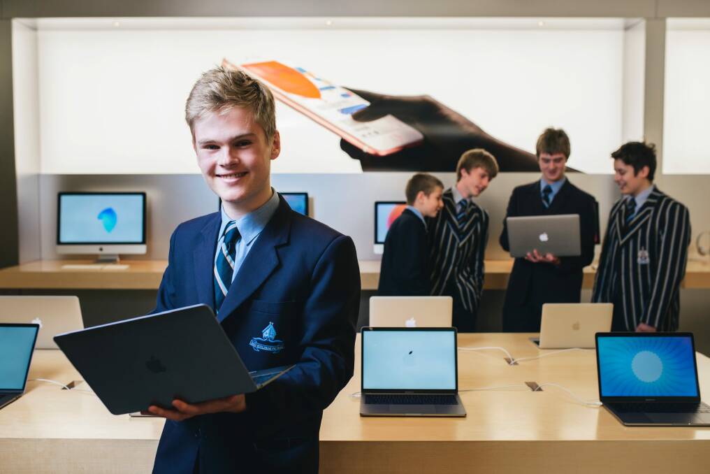 Canberra Grammar students Jack Carey, Year 10, Zack Noyes, Year 9, Joseph Fergusson, Year 11, Marcus Gellel, Year 10, and George Dan, Year 11, who have won scholarships to attend Apple's web developer conference in the US. Photo: Rohan Thomson