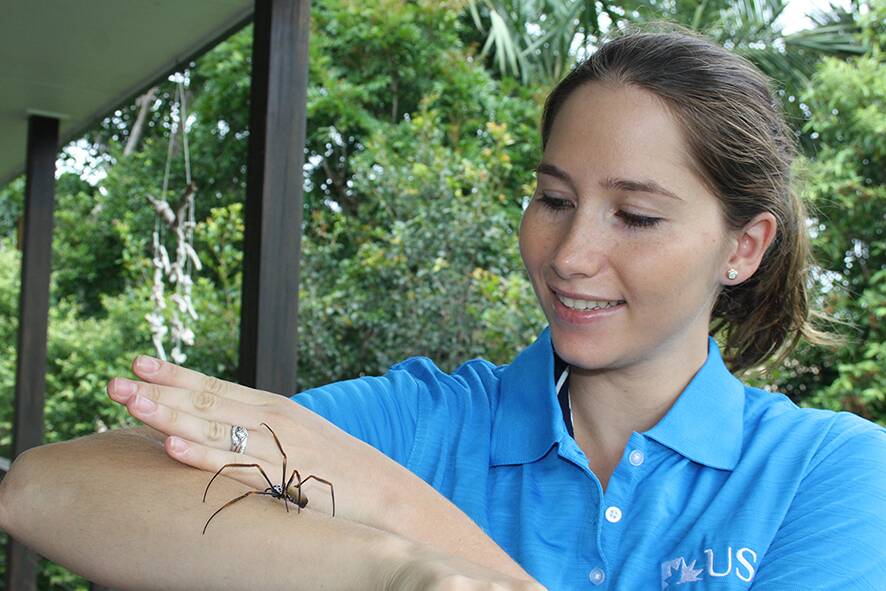 Genevieve Kerr and a golden orb weaver spider. Photo: Supplied