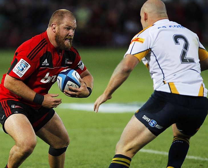 Ben Franks of the Crusaders is lined up by Stephen Moore of the Brumbies. Photo: Getty Images