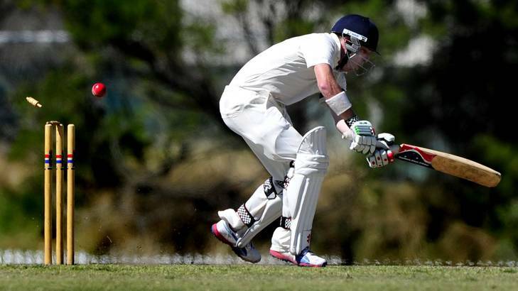 Tuggeranong's Chris Chellew is clean bowled against Queanbeyan at Chisholm Oval. Photo: Jay Cronan