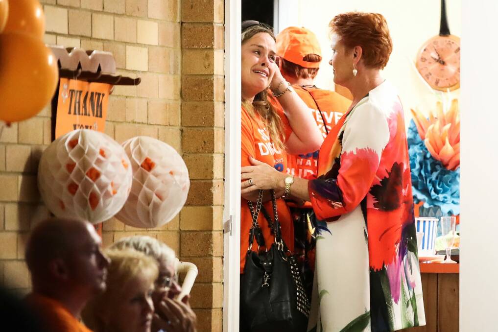 Senator Pauline Hanson consoles supporters. Photo: Fairfax Media