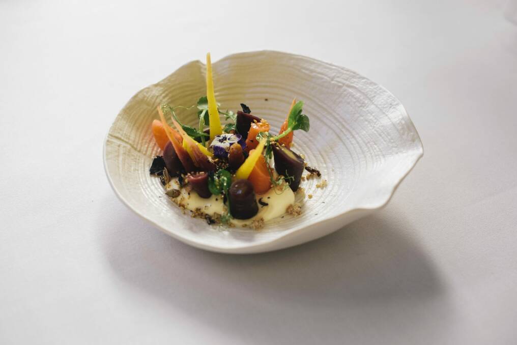 Restaurant review at Courgette on Marcus Clarke St Manuka Honey, roasted heirloom carrots, meredith goat cheese and crunchy seeds Photo: Rohan Thomson