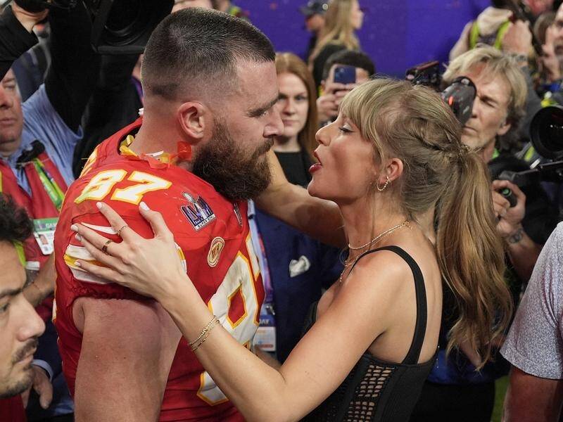 Travis Kelce's on stage appearance follows Taylor Swift's Super Bowl attendance. (AP PHOTO)