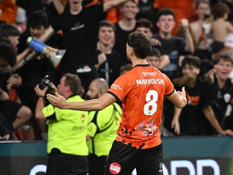 Jonas Markovski has salvaged a dramatic ALM point for Brisbane at home to Western United. (Darren England/AAP PHOTOS)