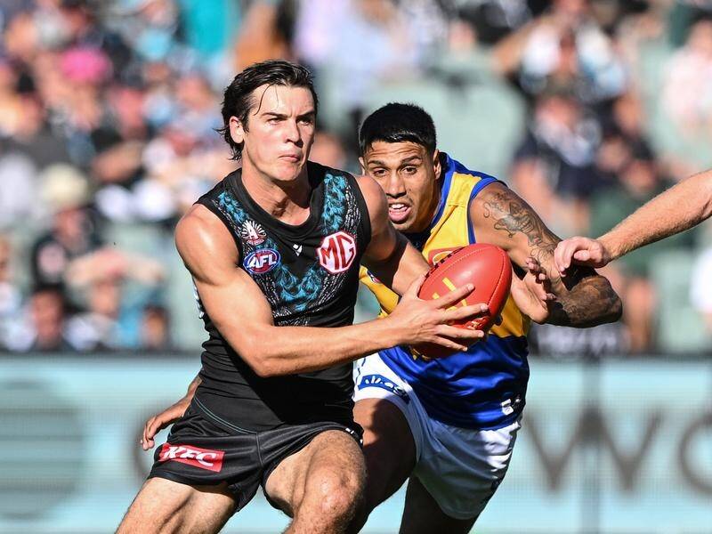 Connor Rozee kicked two goals to help in-form Port Adelaide to a 40-point win over West Coast. (Michael Errey/AAP PHOTOS)