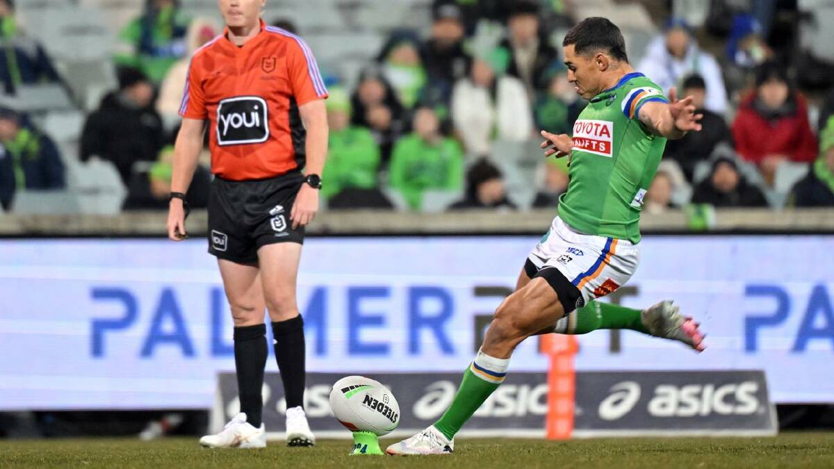 Jamal Fogarty's kicking allowed the Raiders to prevail despite being outscored four tries to three. (Mick Tsikas/AAP PHOTOS)