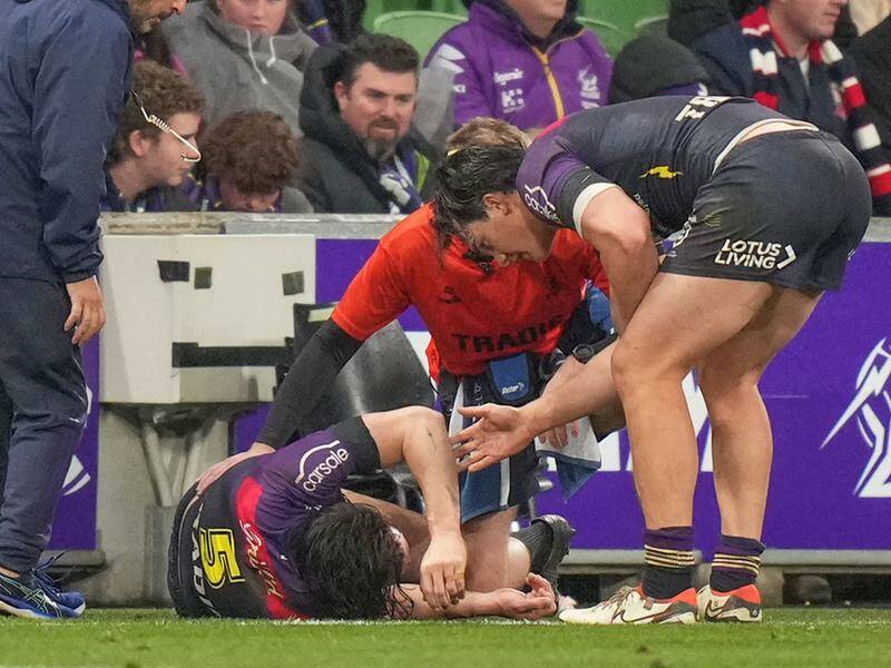 Two-try star Grant Anderson was injured in the last play of Melbourne's NRL win over the Roosters. Photo: Scott Barbour/AAP PHOTOS