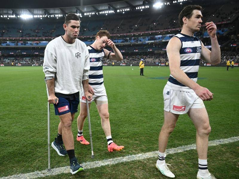 Geelong spearhead Tom Hawkins is out for at least six weeks because of his foot injury. (Joel Carrett/AAP PHOTOS)