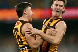 Massimo D'Ambrosio (L) and Connor Macdonald (R) celebrate during Hawthorn's win over Collingwood. Photo: Rob Prezioso/AAP PHOTOS