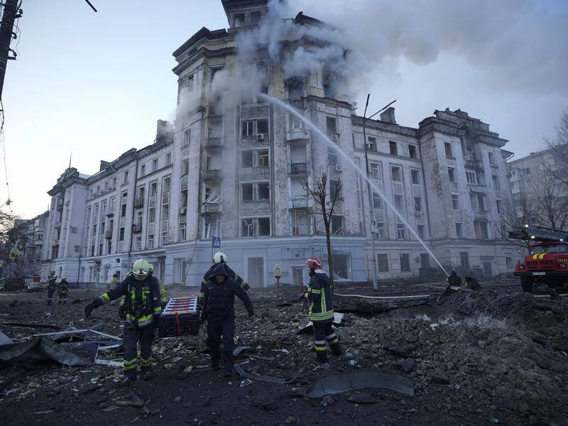 Debris from the Russian attack damaged schools, residential buildings and industrial facilities. (AP PHOTO)