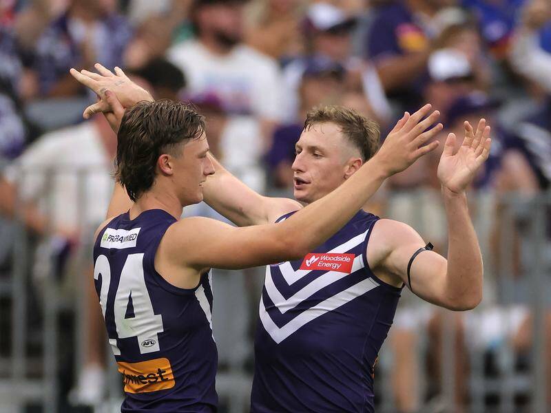 Dockers youngsters Jye Amiss (l) and Josh Treacy (r) are forging a strong bond in attack. Photo: Richard Wainwright/AAP PHOTOS