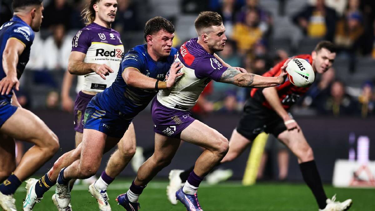 The Storm's Cameron Munster pushes the ball past the dead ball line as the Eels attack in Sydney. (Mark Evans/AAP PHOTOS)