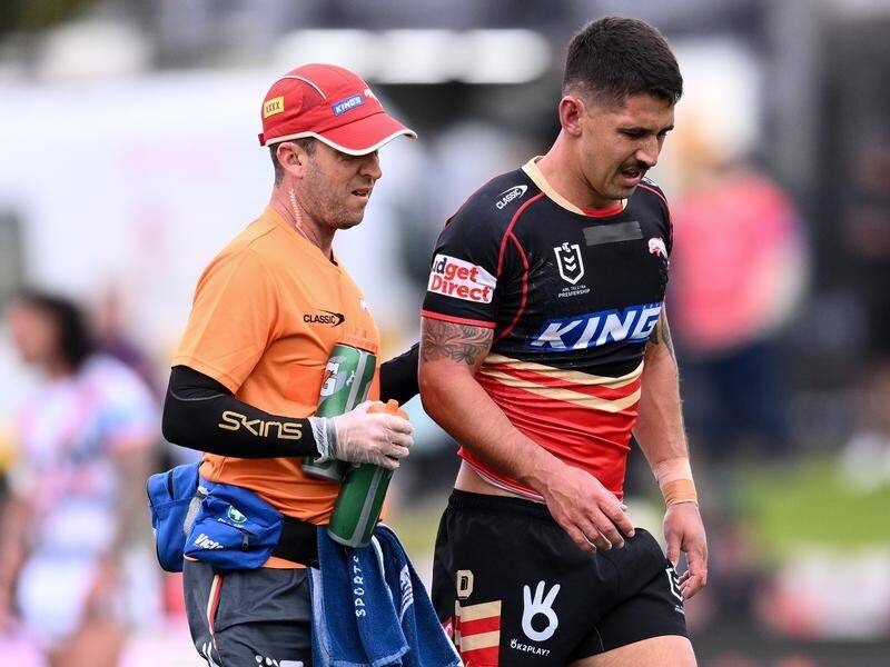 Jeremy Marshall-King is the latest Dolphin to suffer an injury, going off against the Dragons. (Steven Markham/AAP PHOTOS)