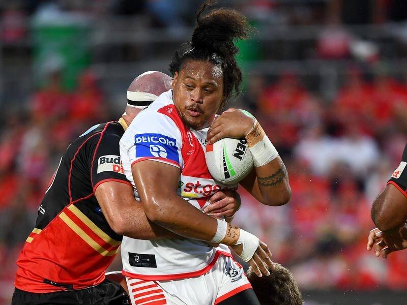 Luciano Leilua returns to the Dragons' bench after a month on the sidelines with a calf injury. (Jono Searle/AAP PHOTOS)